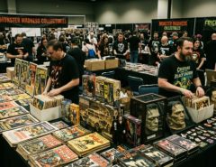Horror convention dealers room filled with vintage collectibles