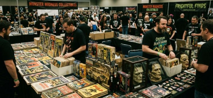 Horror convention dealers room filled with vintage collectibles