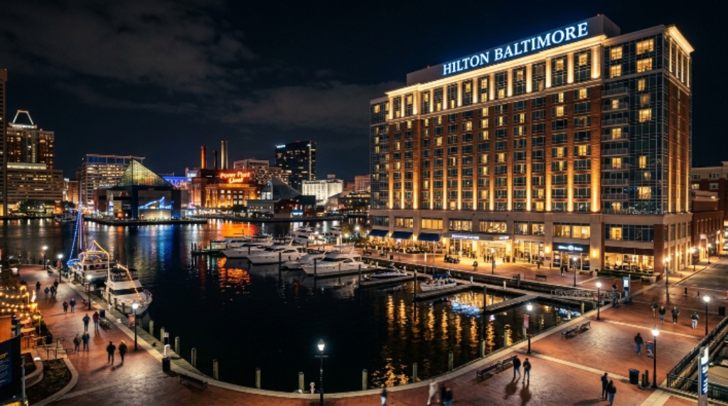 Baltimore Inner Harbor Hilton hotel venue exterior at night