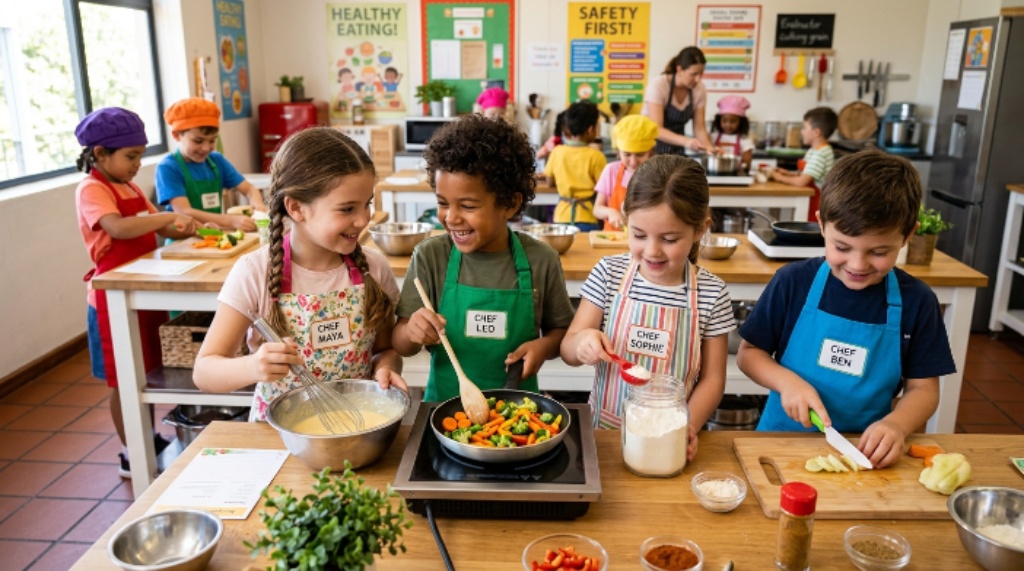 Young chefs practicing cooking skills and teamwork in a children's cooking class