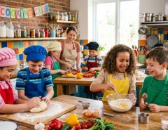 Children learning to cook together in a fun cooking club kitchen