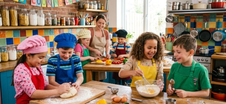 Children learning to cook together in a fun cooking club kitchen
