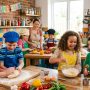Children learning to cook together in a fun cooking club kitchen