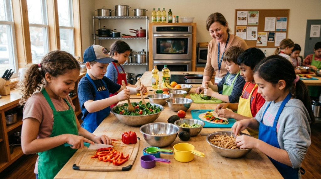 Kids preparing healthy meals during a hands-on cooking club session