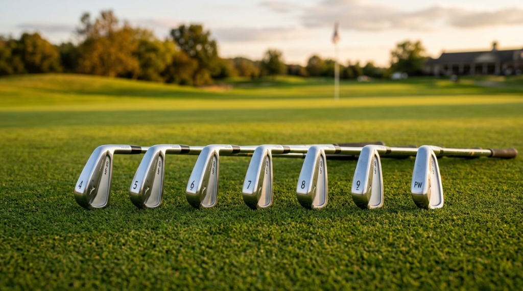 A golfer swinging an iron club on a scenic Washington golf course.