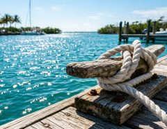 White marine rope secured tightly to a wooden dock cleat over blue water.