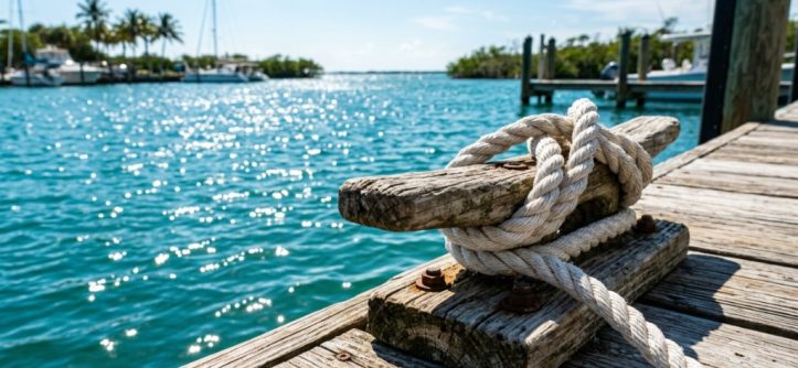 White marine rope secured tightly to a wooden dock cleat over blue water.