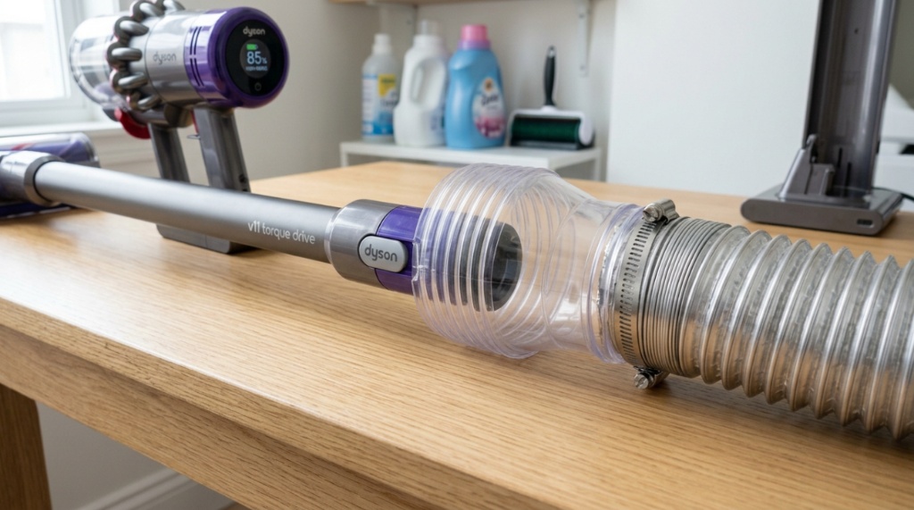 Hands measuring a dryer vent pipe diameter with digital calipers.