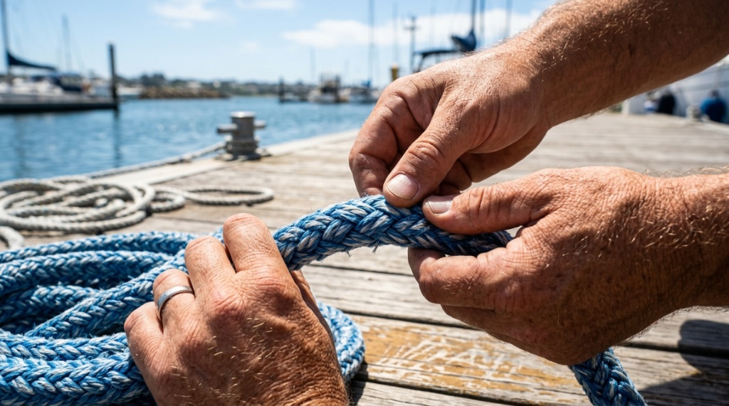 Hands inspecting the braided weave of a strong marine rope.