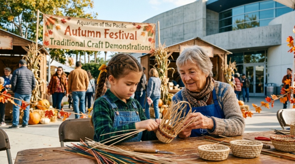 A child participating in a traditional craft demonstration at the Aquarium of the Pacific Autumn Festival in Long Beach