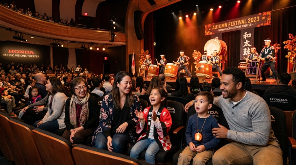 Families watching a taiko drumming performance inside the Honda Pacific Visions Theater at the Autumn Festival