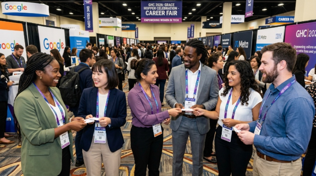 A diverse group of tech professionals networking and exchanging business cards at the GHC 2026 career fair
