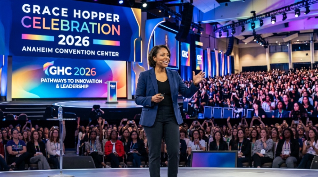 A keynote speaker presenting on stage at the Grace Hopper Celebration 2026 event in Anaheim Convention Center
