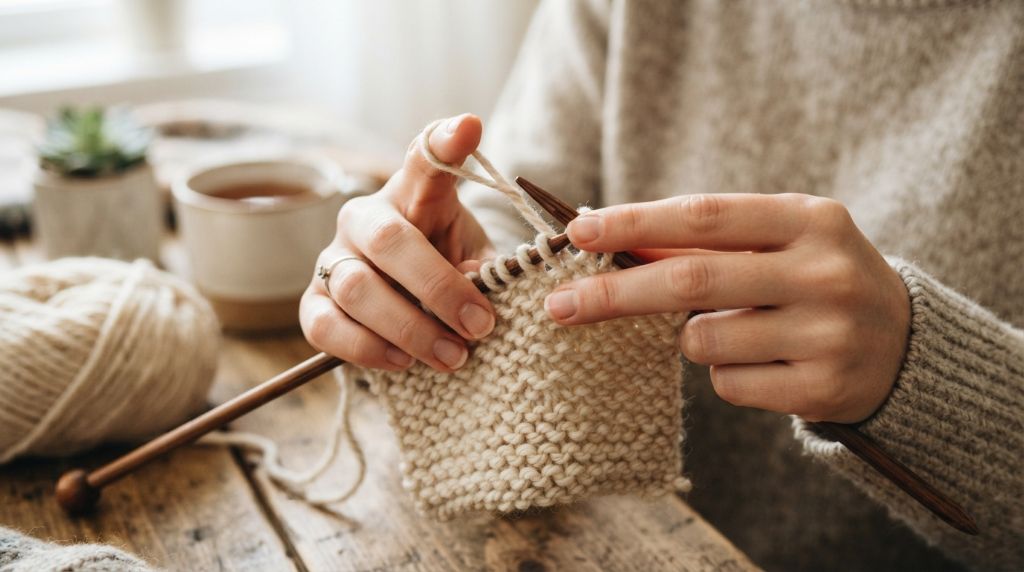 Hands using a single needle to create basic knit stitches