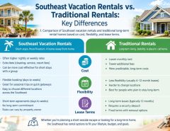 Comparison of Southeast vacation rentals and traditional long-term rental homes based on cost, flexibility, and lease terms