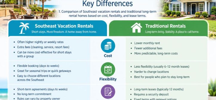 Comparison of Southeast vacation rentals and traditional long-term rental homes based on cost, flexibility, and lease terms