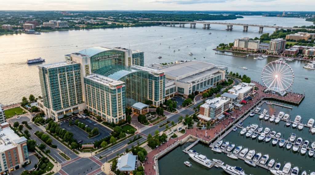 Aerial view of Gaylord National Resort and Convention Center at National Harbor Maryland waterfront
