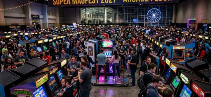 Crowds of gamers enjoying arcade cabinets at Super MAGFest 2027 at Gaylord National Resort, National Harbor Maryland