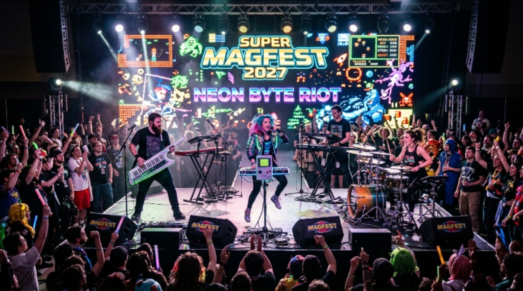 Live chiptune band performing on stage at Super MAGFest gaming and music festival January 2027