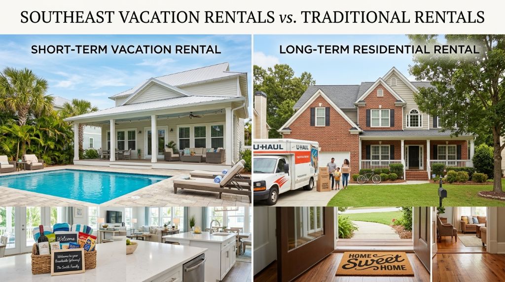 Southeast rental options showing differences between short-term vacation homes and long-term residential properties