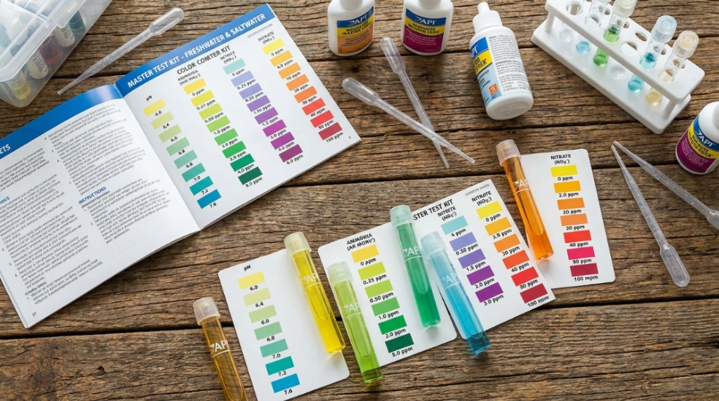 Colorful test tubes aligned next to an aquarium water parameter color chart.