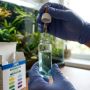 Aquarist adding chemical drops into a test tube of aquarium water.