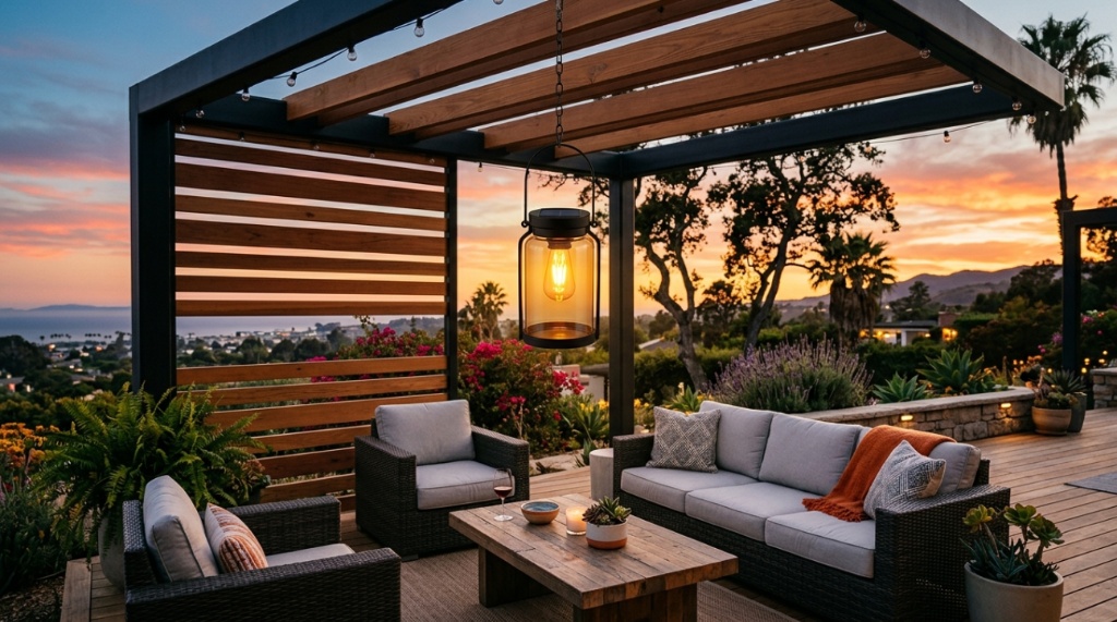 Black metal solar table lantern resting on a patio table.