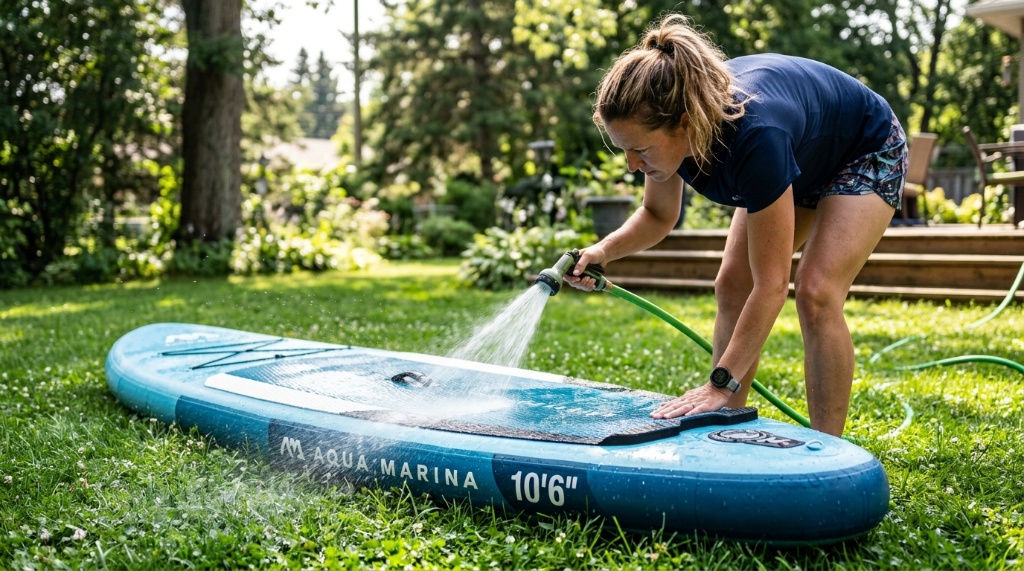 Person rinsing an inflatable paddle board with a garden hose.