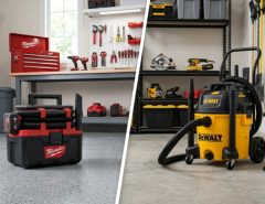 Side-by-side comparison of cordless and corded shop vacuums in a workshop.