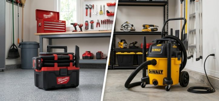 Side-by-side comparison of cordless and corded shop vacuums in a workshop.