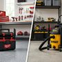 Side-by-side comparison of cordless and corded shop vacuums in a workshop.