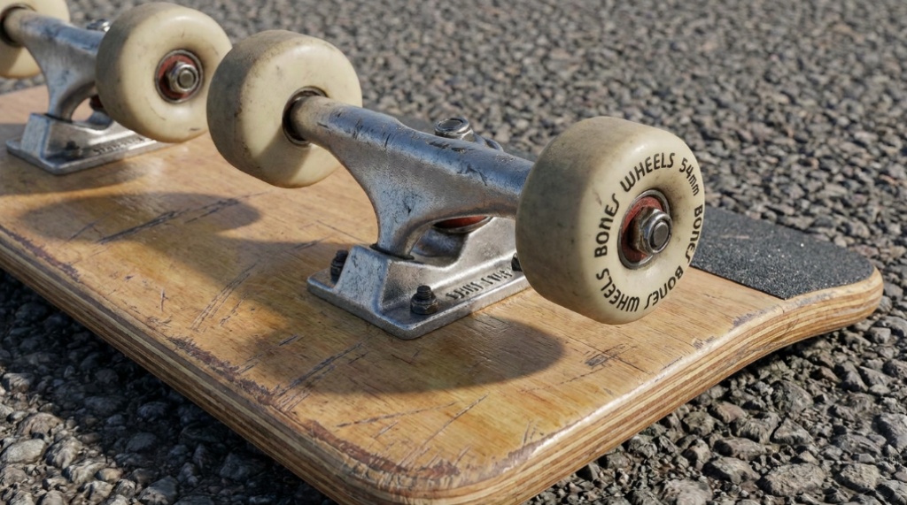 Close-up of skateboard wheels and wooden deck on asphalt