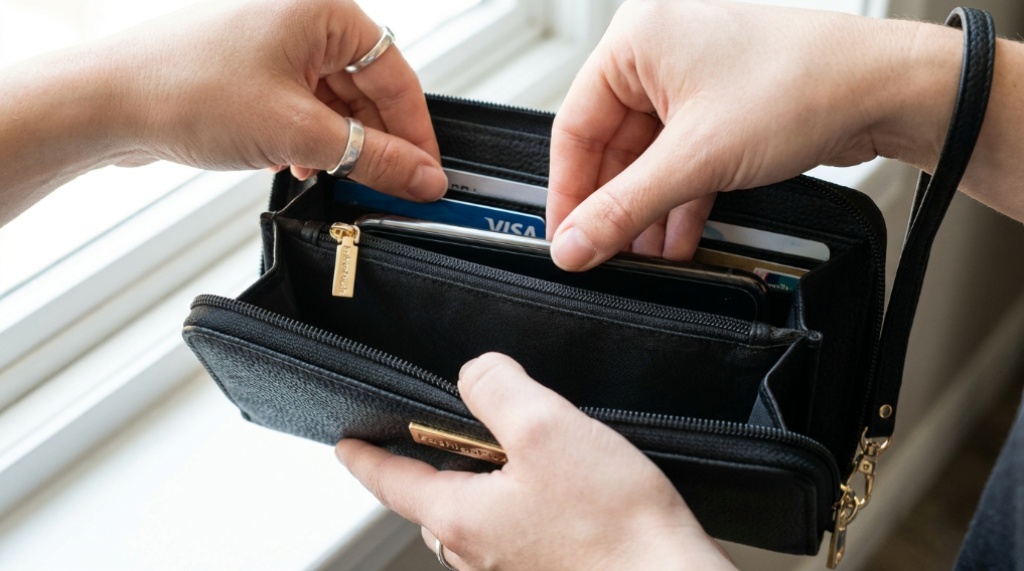 Close-up of open FashionPuzzle wristlet showing interior card slots