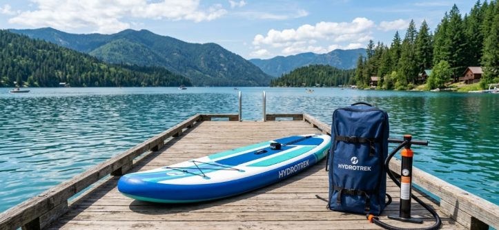 Fully inflated paddle board with pump and storage bag on a dock.