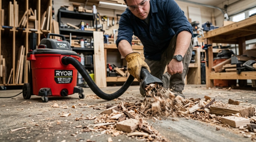 Person testing shop vacuum suction power on workshop floor debris.